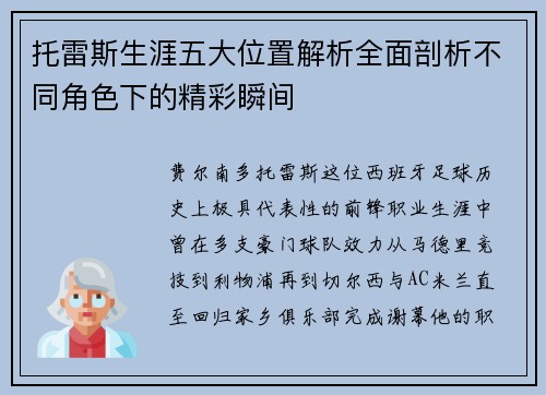 托雷斯生涯五大位置解析全面剖析不同角色下的精彩瞬间
